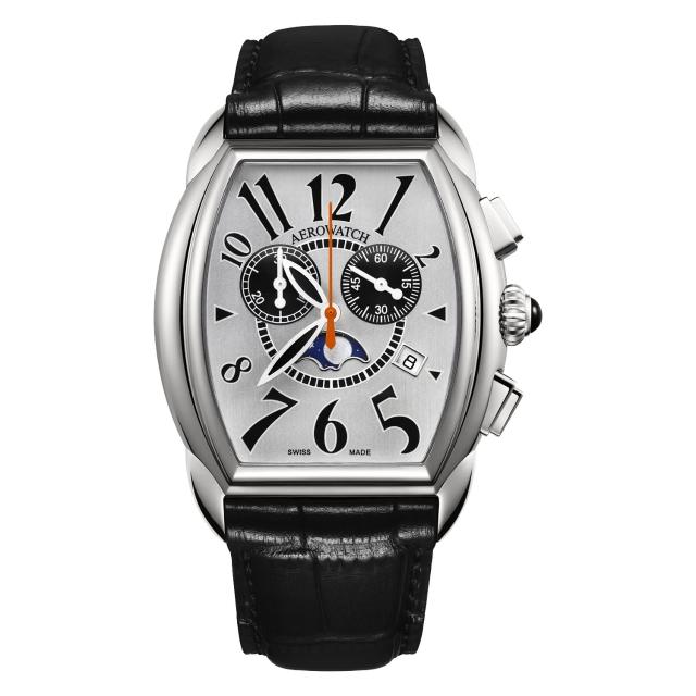 【AEROWATCH】藝術酒桶型計時腕錶-銀x黑/40mm(A84957AA03)