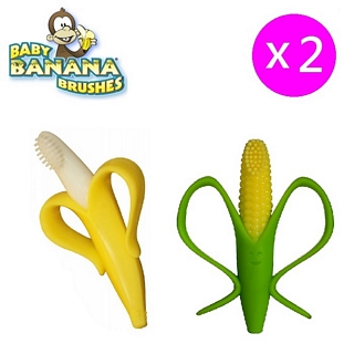 【美國 Baby Banana Brush】香蕉玉米造型軟性學習牙刷/固齒器 2入組