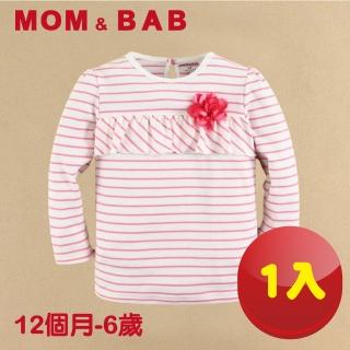 【MOM AND BAB】紅條花朵圓領T恤長袖純棉上衣(12M-6T)