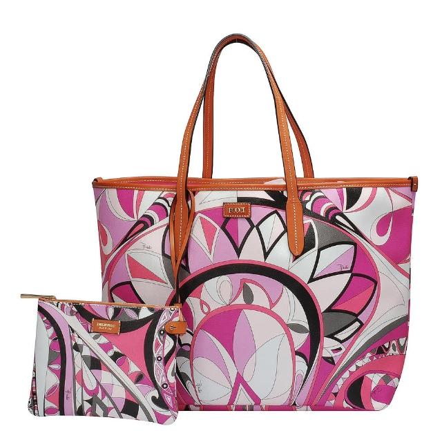 EMILIO PUCCI【EMILIO PUCCI】幾何印花牛皮飾邊子母包(大-粉紅-附萬用小袋41BE10-41219-H58)