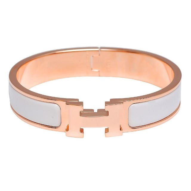 Hermes 愛馬仕【HERMES】H LOGO琺瑯細版手環(白X玫瑰金H700001F-WHI-ROSE GOLD)