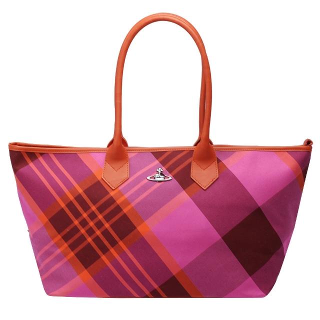 【Vivienne Westwood】格紋帆布購物包(桃紅4907V ROSA)