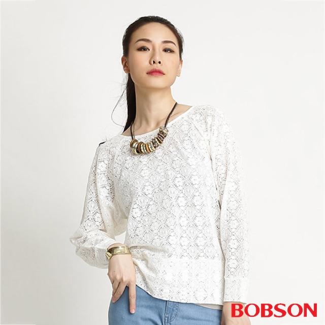 【BOBSON】女款蕾絲網布長袖上衣(米白32083-81)