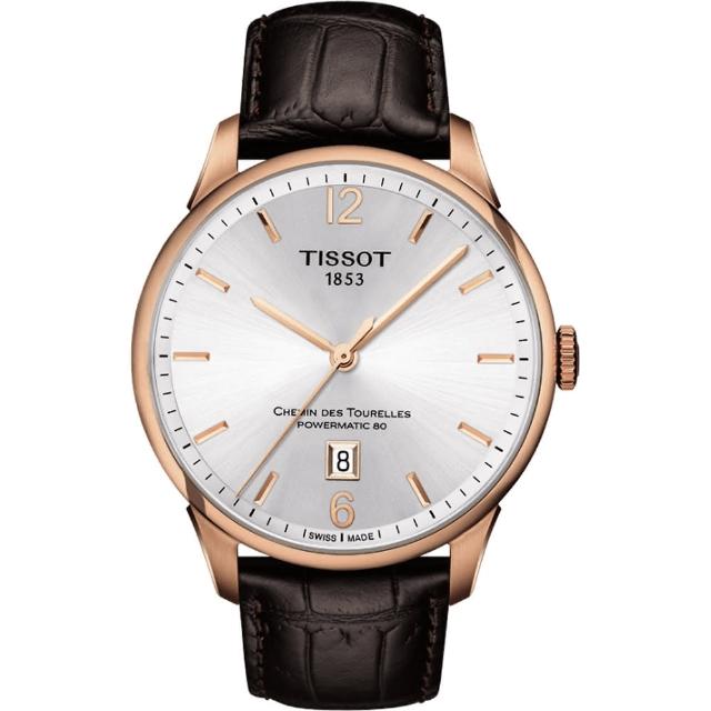 【TISSOT】杜魯爾系列機械動力80腕錶-銀x玫瑰金框/42mm(T0994073603700)