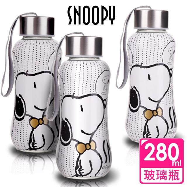 【snoopy】史努比金領結玻璃隨手瓶 280ML(三入一組)產品介紹