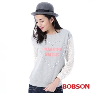 【BOBSON】女款搭配蕾絲袖上衣(灰35123-82)