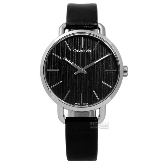 【Calvin Klein】EVEN 沉靜雅緻岩紋皮革手錶 黑色 36mm(K7B231C1)