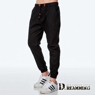 【Dreamming】韓系潮款皮標抽繩束口休閒長褲(黑色)