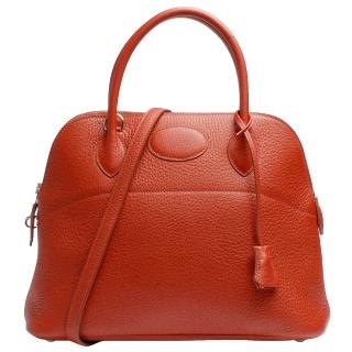 【HERMES】經典Bolide系列TAGO荔枝紋牛皮銀色鎖頭手提肩背柏莉包(35cm-橘紅-展示品H029878CK-poppy orange)