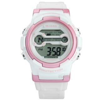 【JAGA 捷卡】搶眼青春活力電子運動橡膠手錶 白粉色 39mm(M1126-DG)