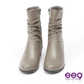 【ee9】MIT經典手工-俐落優雅自然抓皺百搭楔型跟中筒靴-灰色(中筒靴)