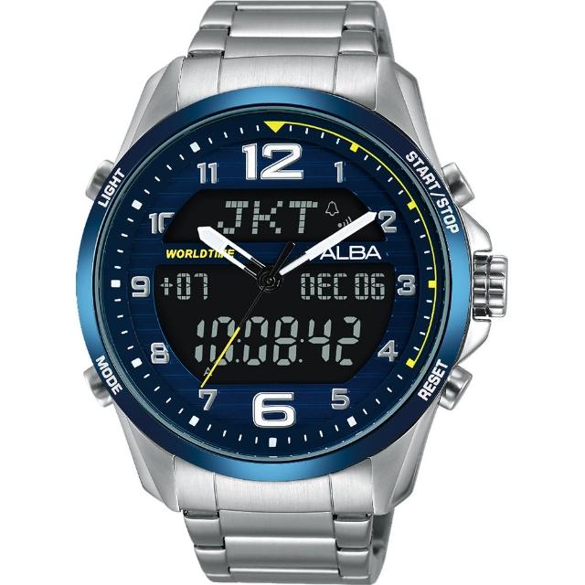 【背刻特別款 ALBA】雅柏 W兩個世界雙顯限量腕錶-藍/44mm(N021-X004B  AZ4025X1)