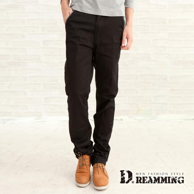 購買【Dreamming】釦飾織條彈力休閒中直筒長褲(黑色)須知
