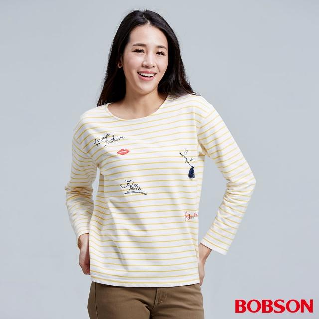 【BOBSON】女款刺繡縫珠細條紋上衣(36073-30)哪裡買?