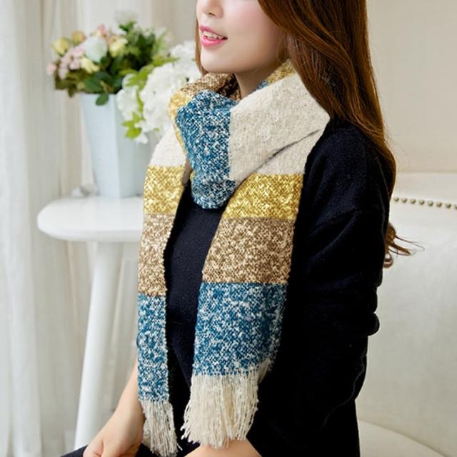 【幸福揚邑】馬海毛百搭簡約毛線拼色條紋情侶男女披肩圍巾(黃色系)促銷商品