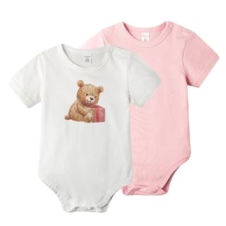 【baby童衣】任選 純棉短袖數位印花素面包屁衣 2件組 61119(禮物熊+粉)