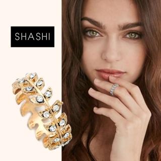 【SHASHI】紐約品牌 Amelia 鑲鑽葉子圓形戒指 小寬版 925純銀鑲18K金(鑲鑽葉子)