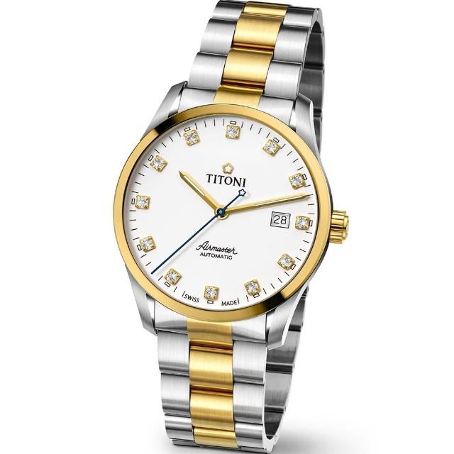 【TITONI 瑞士梅花錶】Airmaster 空中霸王系列-白色錶盤不鏽鋼間金色錶帶/39mm(83743 SY-582)