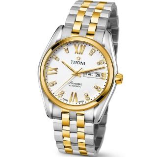 【TITONI 瑞士梅花錶】Airmaster 空中霸王系列-白色錶盤不鏽鋼間金色錶帶/40mm(93709 SY-385)