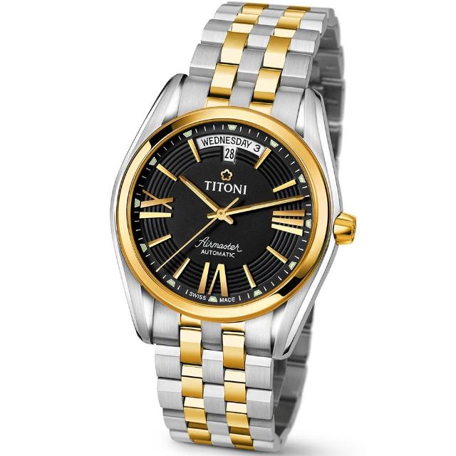 【TITONI 瑞士梅花錶】Airmaster 空中霸王系列-黑色錶盤不鏽鋼間金色錶帶/40mm(93909 SY-343)