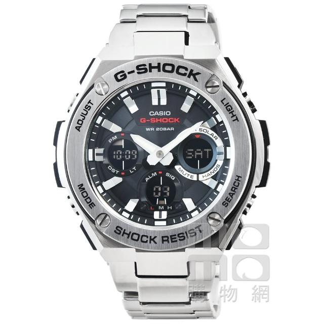 【CASIO】卡西歐G-SHOCK 抗震太陽能鬧鈴電子鋼帶錶-黑(GST-S110D-1A)