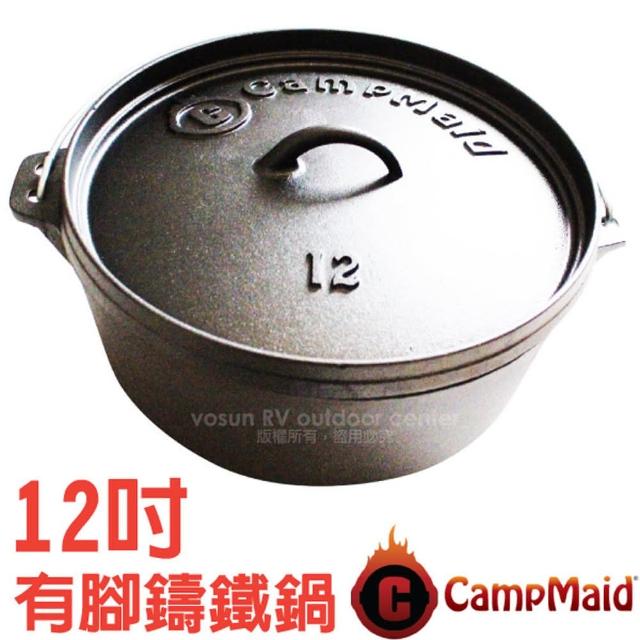 【美國 CampMaid】Dutch Oven 12吋有腳鑄鐵鍋.荷蘭鍋.煎盤.烤鍋.湯鍋.黑鍋.燉鍋/露營(60003)