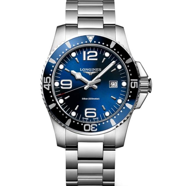 【LONGINES】浪琴 征服者300米潛水石英腕錶-藍/44mm(L38404966)