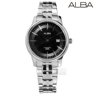 【ALBA】日期顯示藍寶石水晶玻璃防水不鏽鋼手錶 銀黑色 28mm(VJ22-X257D.AH7N67X1)