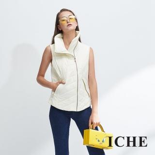 【ICHE 衣哲】暖時尚高領時尚印花拼貼拉鍊保暖造型背心
