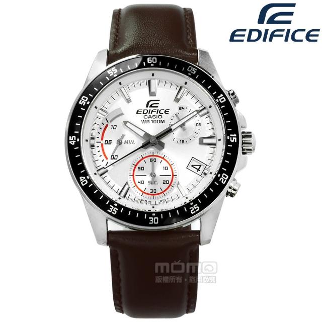 【CASIO 卡西歐】EDIFICE 卡西歐簡約帥氣計時三環日期防水真皮手錶 銀黑x深棕 42mm(EFV-540L-7A)