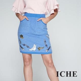 【ICHE 衣哲】城市休閒時尚印花拼貼鉛筆造型裙-藍