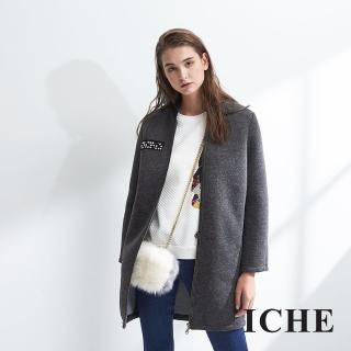 【ICHE 衣哲】時尚鉚釘拼貼羊毛長版棒球造型大衣外套-灰