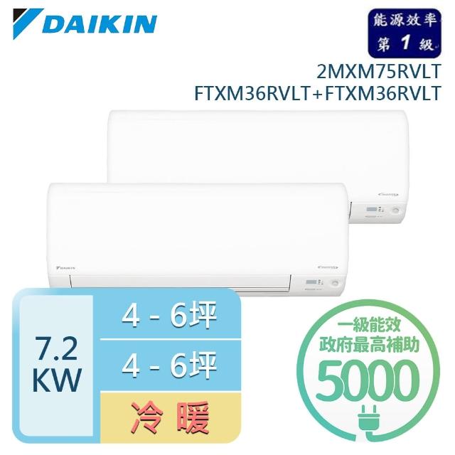 【DAIKIN 大金】5-7坪+5-7坪 一對二變頻壁掛分離式冷暖冷氣(2MXM75RVLT/FTXM36RVLT+FTXM36RVLT)