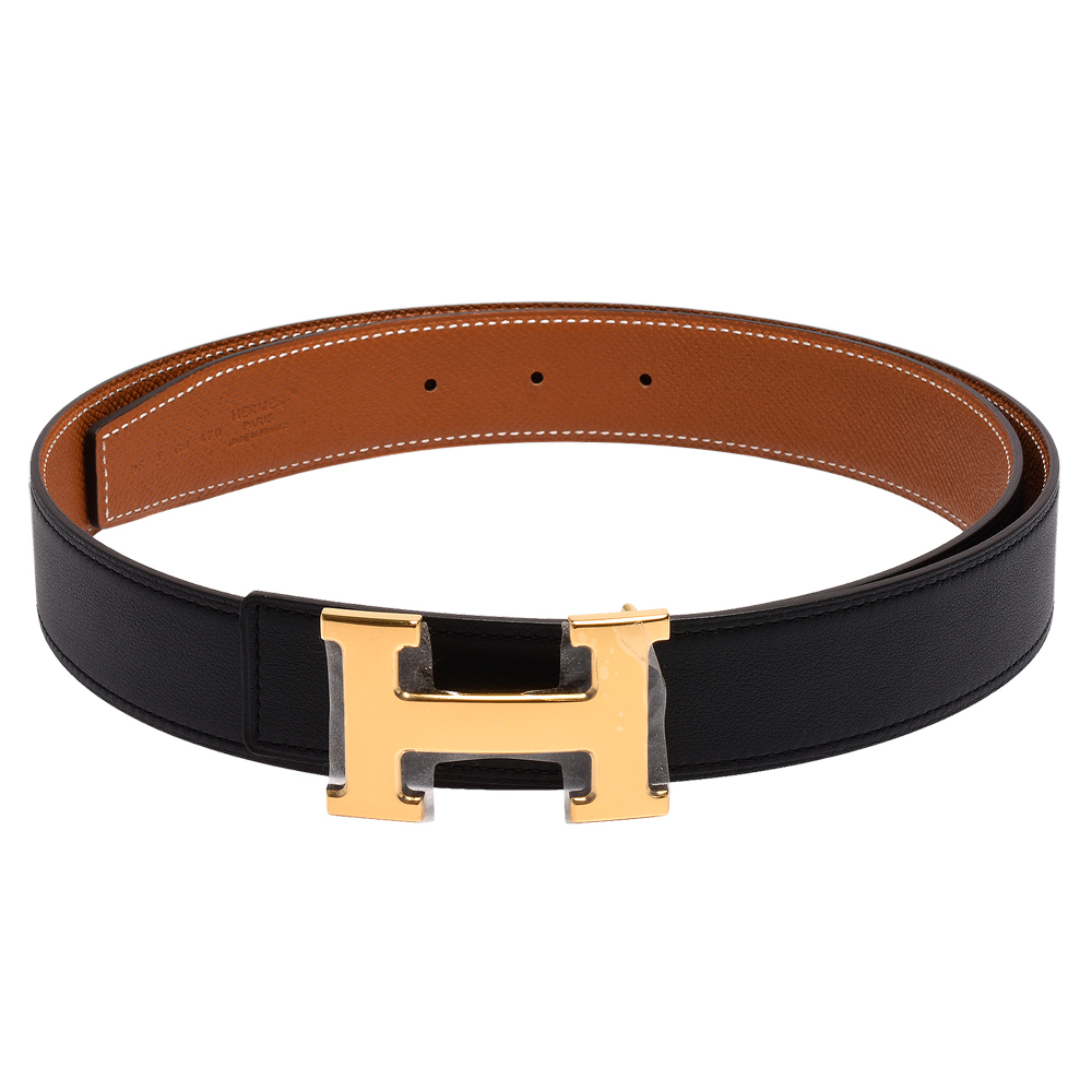 【hermes 爱马仕】经典金色h logo双面两穿小牛皮腰带/皮带(黑x驼h07