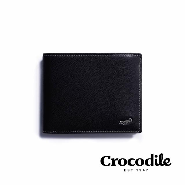 【Crocodile】父親節送禮精選 鱷魚皮件 短夾 12卡 窗格 零錢 男夾 拉鍊零錢男夾 0203-1101-黑咖 