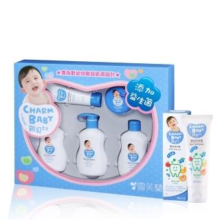 【雪芙蘭-親貝比CHARM BABY】新生喜悅禮盒組(5入/組)+寶寶牙膏-綜合水果清潔保養全配組
