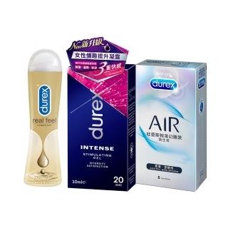 【Durex 杜蕾斯】AIR輕薄幻隱裝保險套8片+女性情趣提升凝露+真觸感潤滑劑(3入組合)