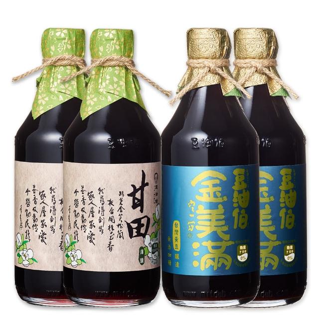 【豆油伯】金滿甘醬油4入組(金美滿醬油-無添加糖500ml*2+ 甘田醬油500ml*2)