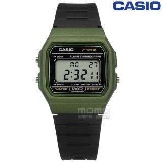 【CASIO 卡西歐】LED照明 鬧鈴 電子數位 橡膠手錶 軍綠黑色 33mm(F-91WM-3A)