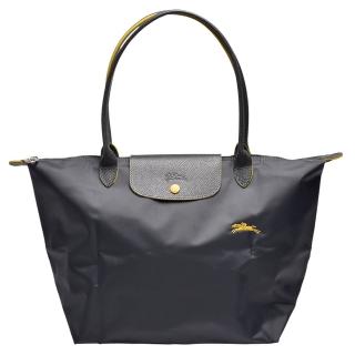 【LONGCHAMP】經典Collection系列刺繡摺疊暗釦/拉鍊長提把尼龍水餃包(大-鐵灰色1899619-300)