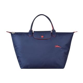 【LONGCHAMP】COLLECTION系列刺繡標誌尼龍摺疊款短把手提包(中/深藍x紅)