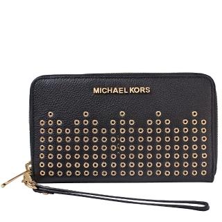 【Michael Kors】金屬字母LOGO鉚釘皮革拉鍊長夾-可手掛(黑)