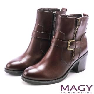 【MAGY】紐約街頭時尚 個性騎士皮帶釦環粗跟短靴(咖啡)