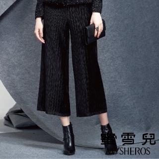 【mysheros 蜜雪兒】條紋摺彈性七分褲(黑)