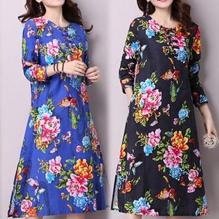 【K.W.】中式棉麻復古印花洋裝 M-XL(共2色)