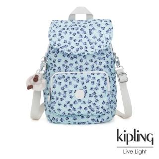 【KIPLING】典雅淡藍小花拉鍊後背包-CARAF
