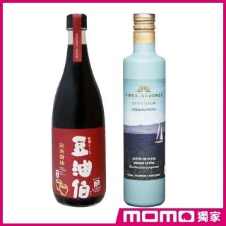 【豆油伯xmomo獨家款】精選料理入門組(巴狄尼絲橄欖油500ml*1瓶+缸底醬油680ml*1)