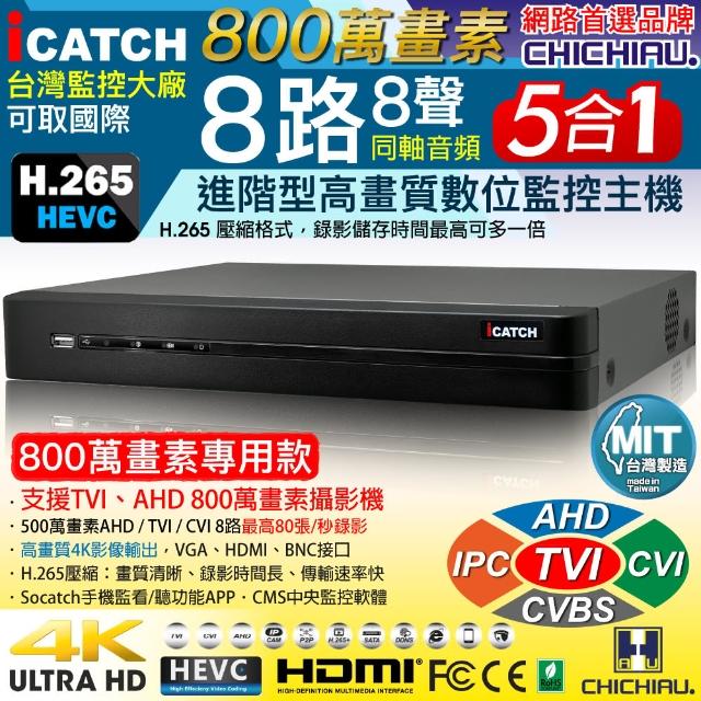 【CHICHIAU】H.265 8路4聲DTV 800萬AHD TVI CVI 5MP台製iCATCH數位高清遠端監控錄影主機-有警報輸入