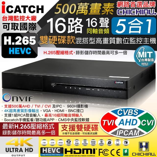 【CHICHIAU】16路五合一 正1080P台製iCATCH數位雙硬碟款監控錄影主機-DVR