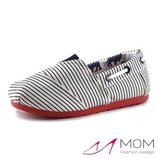 【MOM】美式潮流休閒舒適帆布鞋 懶人樂福鞋 親子童鞋(藍色條紋)
